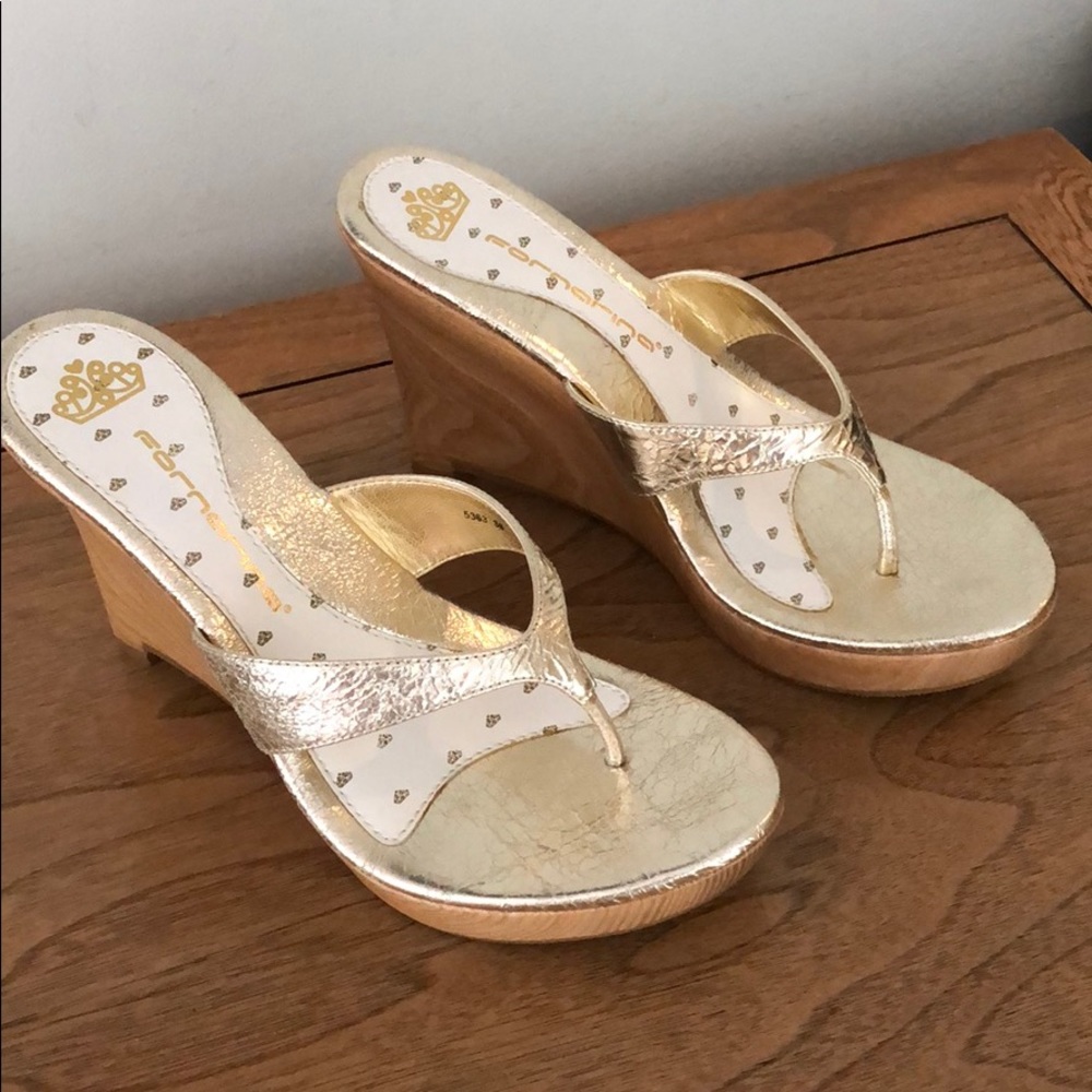 Gold Metallic Wedge Sandles by Fornarina USA